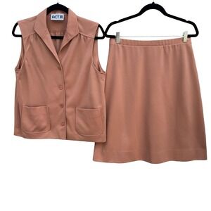 Act III Vintage Womens Terracotta Knit Vest Skirt 2 Piece Set ILGWU USA Made 70s